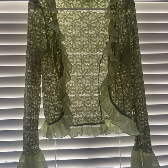 Libby Ruffle Trim Flyaway Lace Cardigan Top in Green - Picture 5 of 6